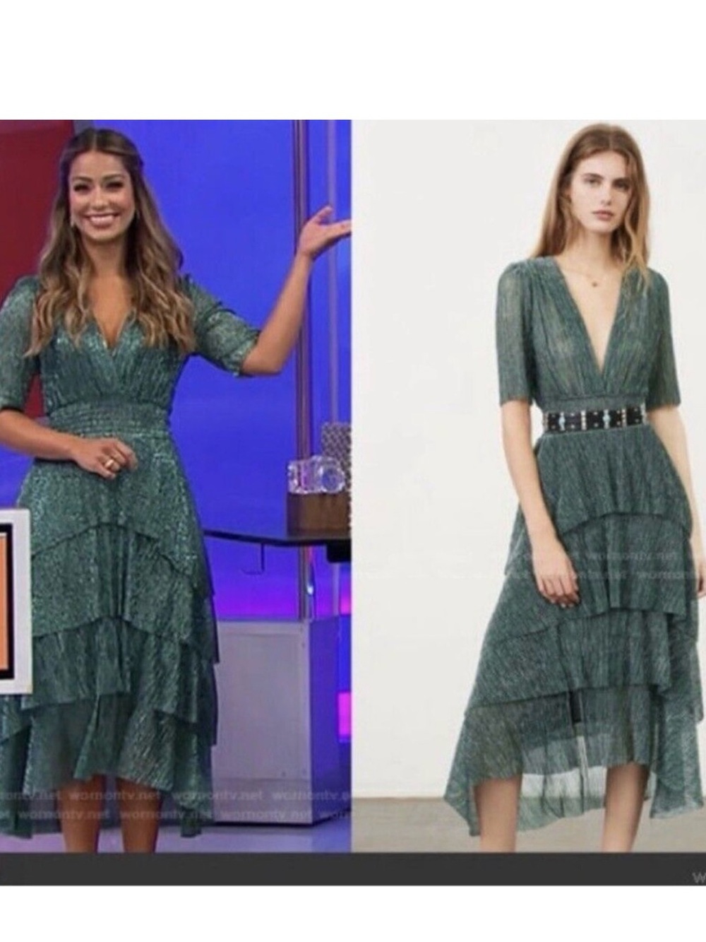 Maje Ruffine Stretch Lurex Metallic Green Ruffle Midi Dress Size 42 - Picture 3 of 14